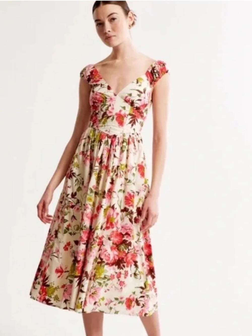 NWT Abercrombie Floral V-Neck Midi Dress in Pink and Green